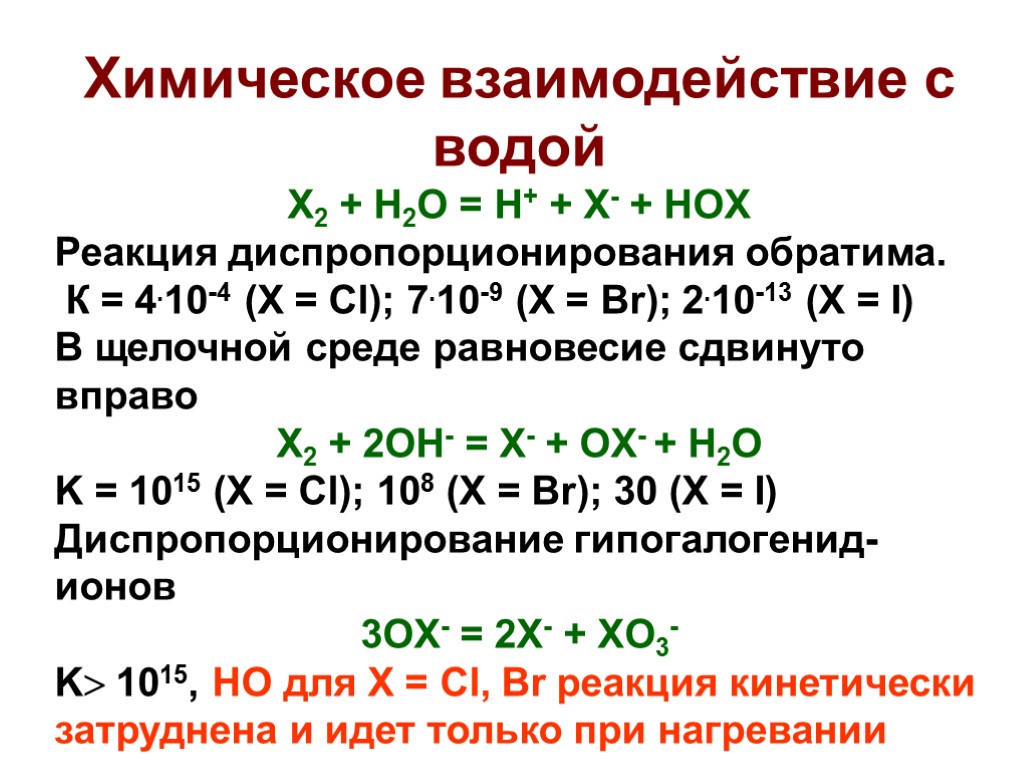 Химическое взаимодействие с водой X2 + H2O = H+ + X- + HOX Реакция